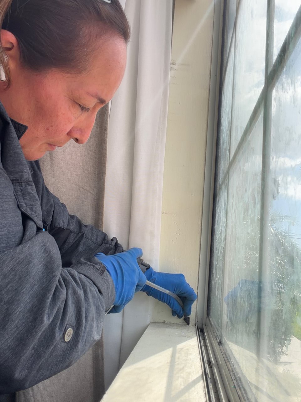 Chris performing localized termite treatment around an interior window frame