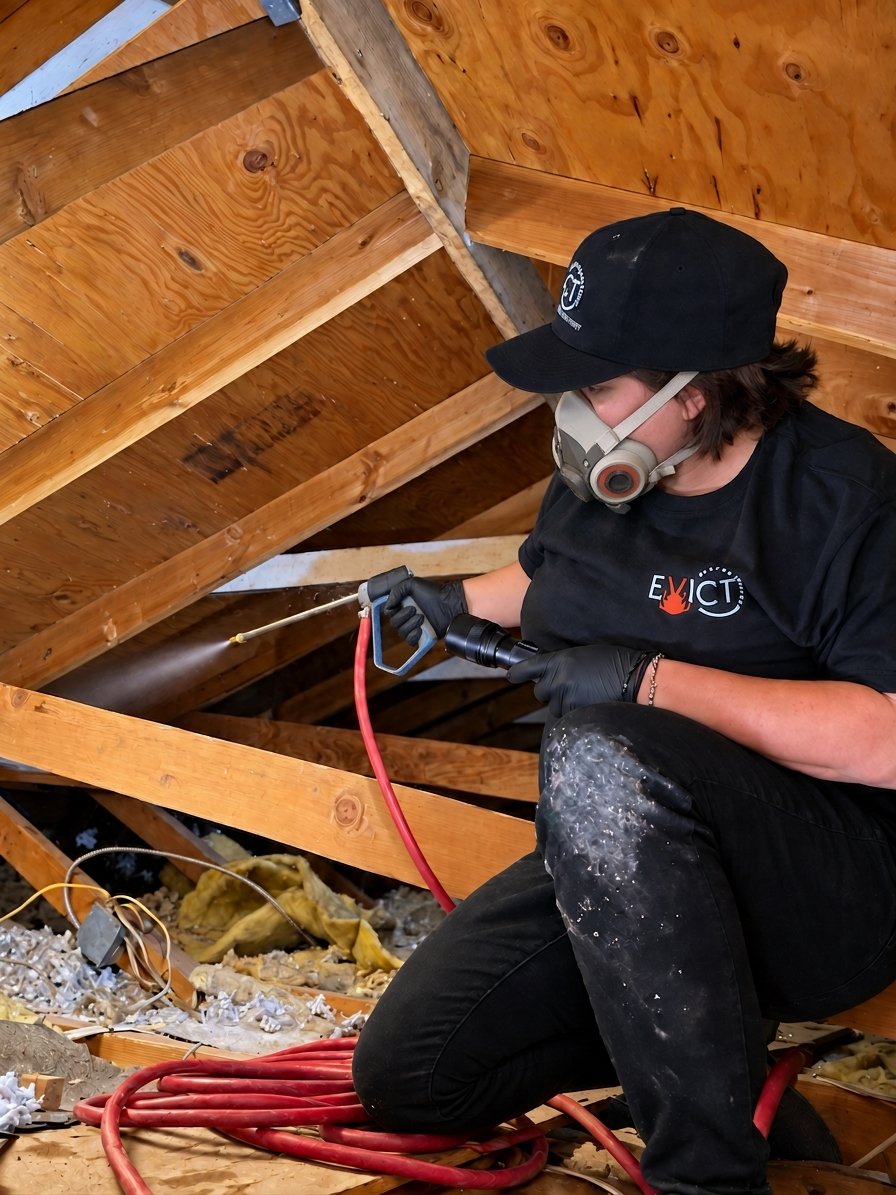 Chris spraying inside an attic, wearing an Evict Pest Management shirt